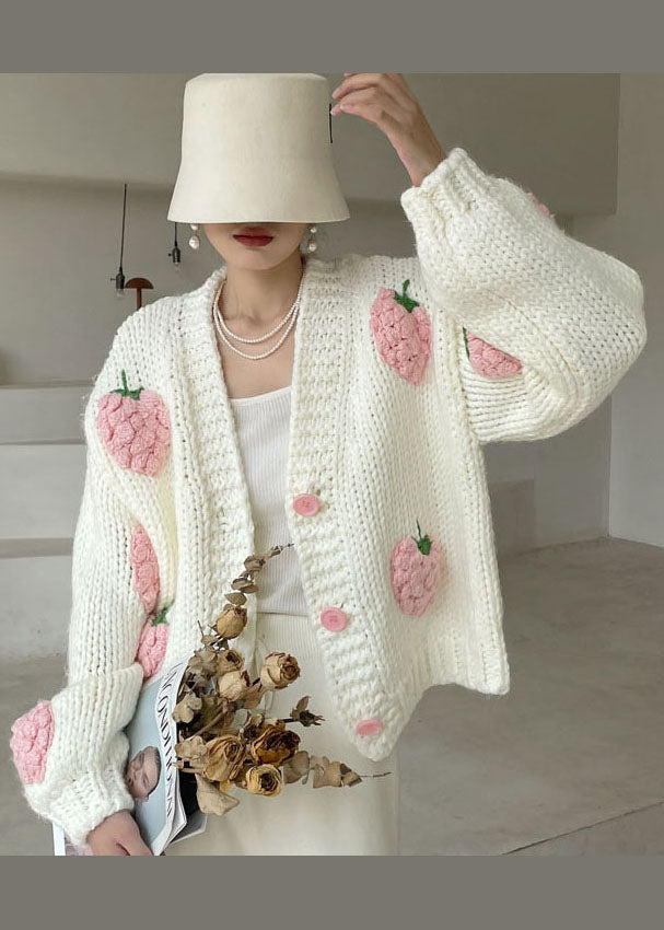 Plus Size Weiß V-Ausschnitt Knopf Strickpullover Wintermantel