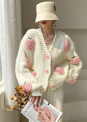 Plus Size Weiß V-Ausschnitt Knopf Strickpullover Wintermantel