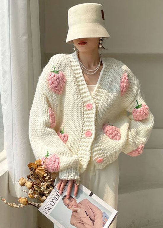 Plus Size Weiß V-Ausschnitt Knopf Strickpullover Wintermantel