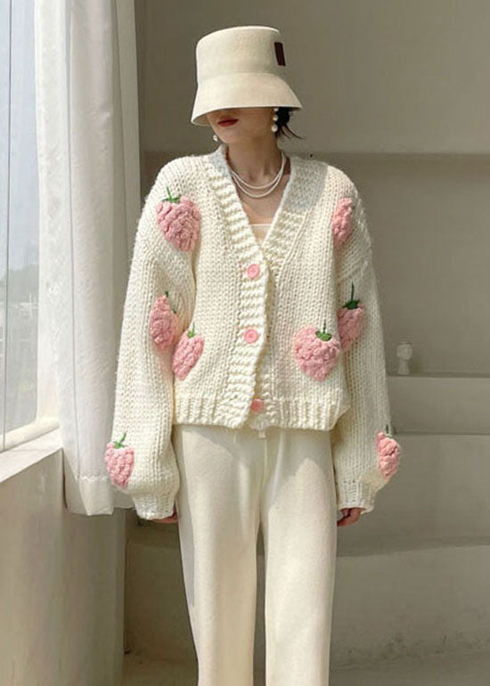 Plus Size Weiß V-Ausschnitt Knopf Strickpullover Wintermantel