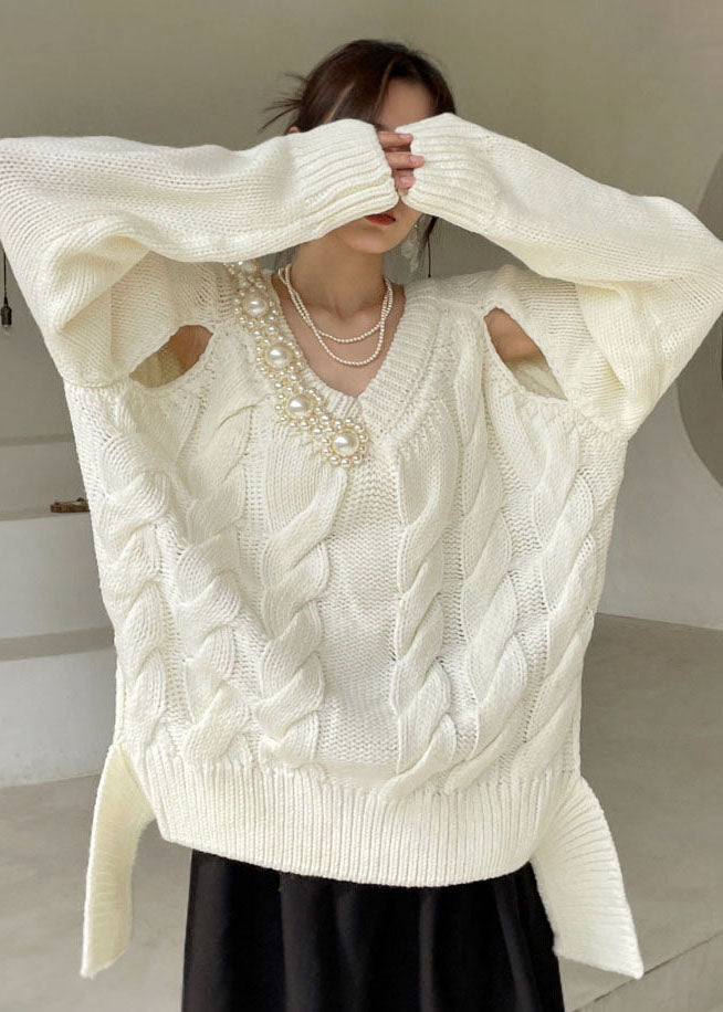 Plus Size Weiß V-Ausschnitt dicker Strickpullover Winter