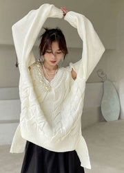 Plus Size Weiß V-Ausschnitt dicker Strickpullover Winter