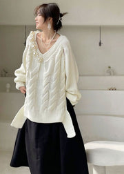 Plus Size Weiß V-Ausschnitt dicker Strickpullover Winter