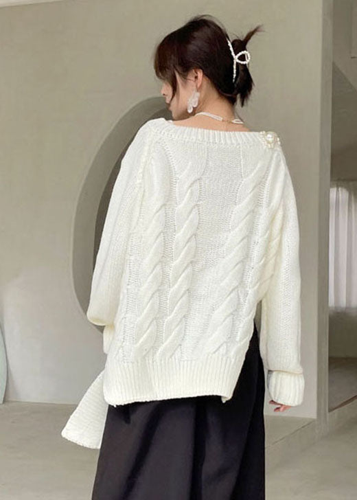 Plus Size Weiß V-Ausschnitt dicker Strickpullover Winter