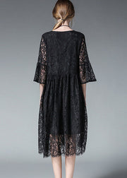 Plus Size Damen Schwarz aushöhlen Spitzenkleid Frühling