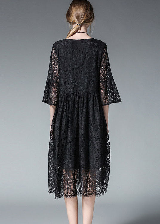 Plus Size Damen Schwarz aushöhlen Spitzenkleid Frühling