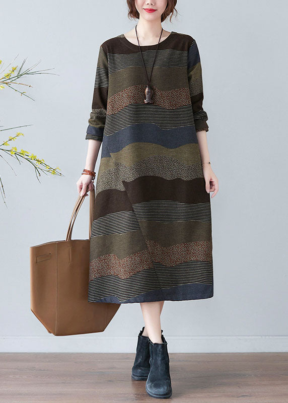 Plus Size Women Chocolate O-Neck Print Dress Spring