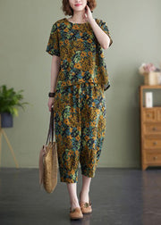 Plus Size Gelb Blumen O-Neck Top Kurzarm Hose mit elastischer Taille Zweiteiliges Set