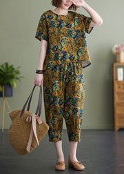 Plus Size Gelb Blumen O-Neck Top Kurzarm Hose mit elastischer Taille Zweiteiliges Set