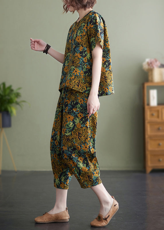 Plus Size Gelb Blumen O-Neck Top Kurzarm Hose mit elastischer Taille Zweiteiliges Set