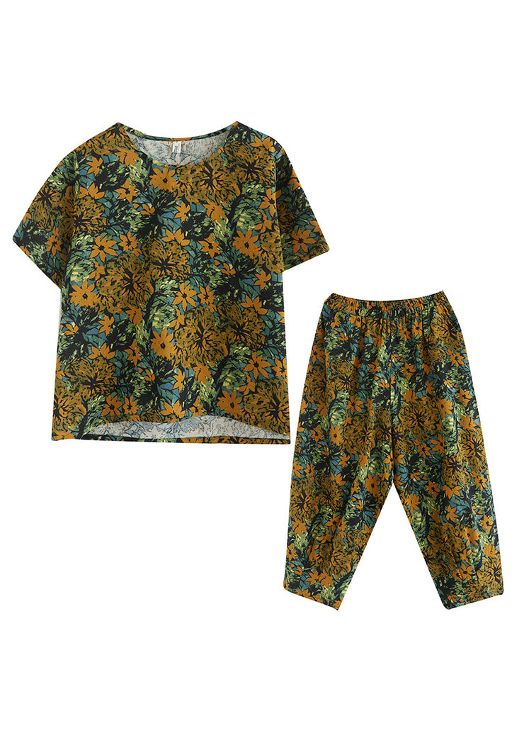 Plus Size Gelb Blumen O-Neck Top Kurzarm Hose mit elastischer Taille Zweiteiliges Set