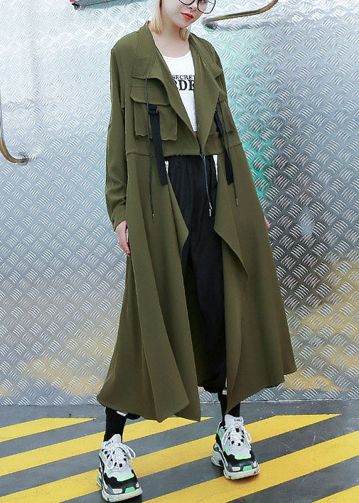 Plus Size Armee Grüne Taschen Bubikragen Asymmetrischer Trenchcoat Frühling