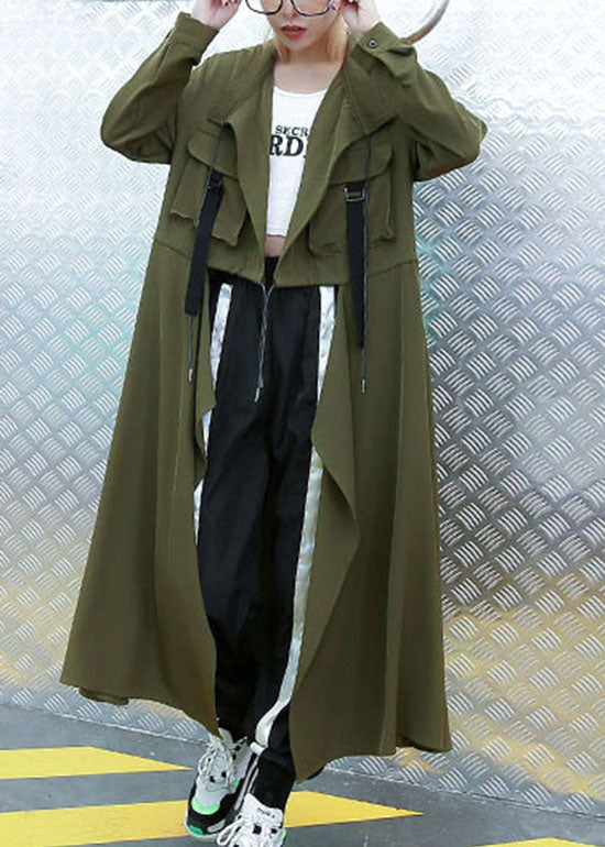 Plus Size Armee Grüne Taschen Bubikragen Asymmetrischer Trenchcoat Frühling
