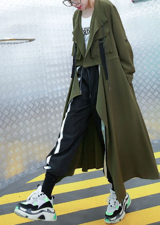 Plus Size Armee Grüne Taschen Bubikragen Asymmetrischer Trenchcoat Frühling