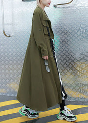 Plus Size Armee Grüne Taschen Bubikragen Asymmetrischer Trenchcoat Frühling