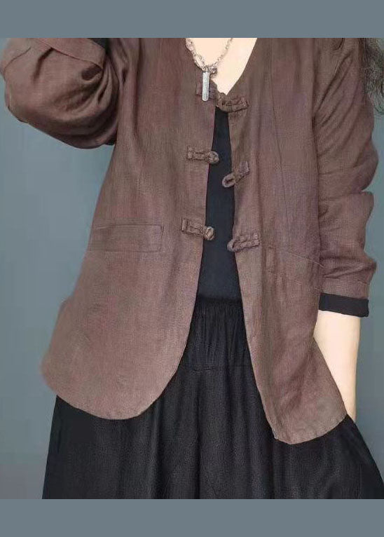 Plus Size Kaffeeknopftaschen V-Ausschnitt Leinenmantel Langarm