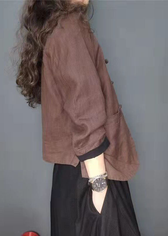 Plus Size Kaffeeknopftaschen V-Ausschnitt Leinenmantel Langarm