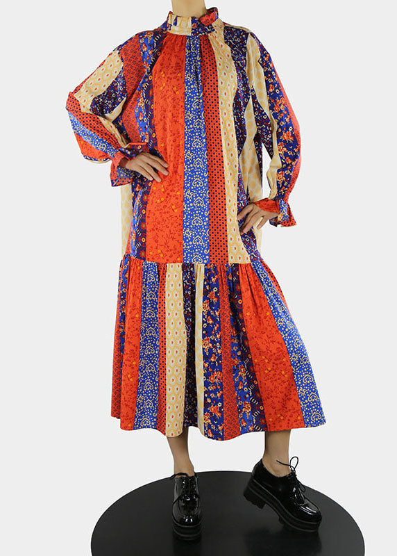 Plus Größe Rotes langes Kleid mit Stehkragen und Blütenblattärmeln