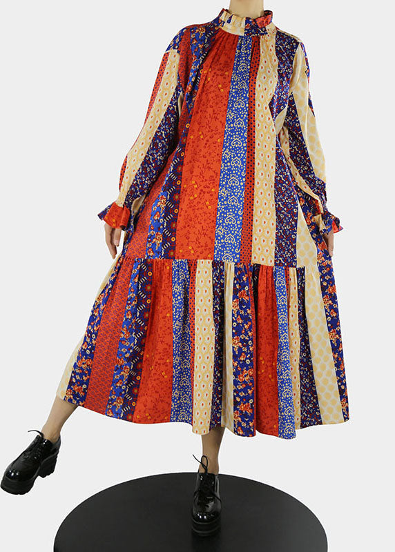 Plus Größe Rotes langes Kleid mit Stehkragen und Blütenblattärmeln