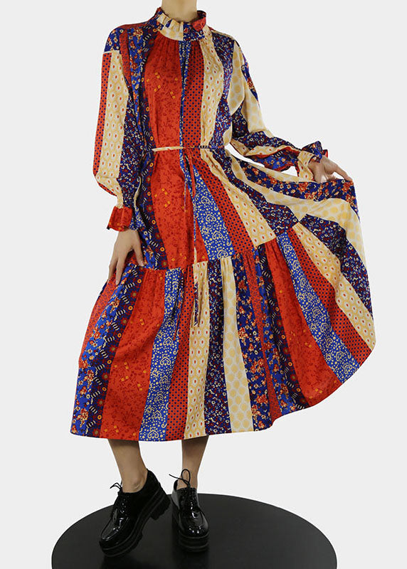 Plus Größe Rotes langes Kleid mit Stehkragen und Blütenblattärmeln