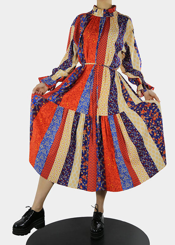 Plus Größe Rotes langes Kleid mit Stehkragen und Blütenblattärmeln
