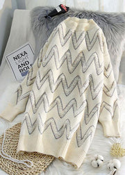 Pullover beige Sweater knit top pattern Design o neck thick daily knit dresses - SooLinen
