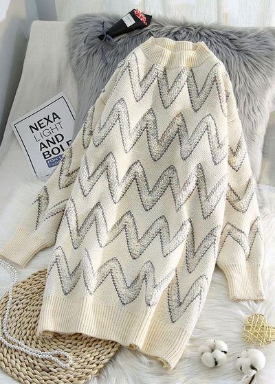 Pullover beige Sweater knit top pattern Design o neck thick daily knit dresses - SooLinen