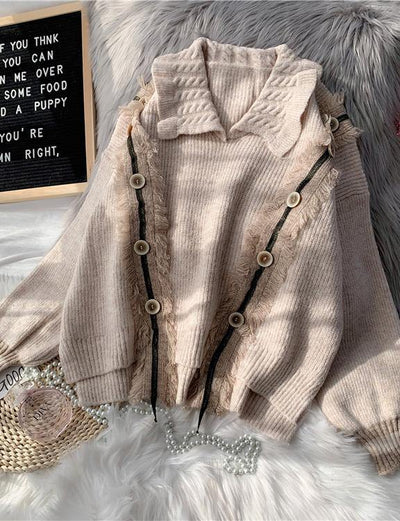 Pullover beige crane tops lapel asymmetric plus size knitted blouse - SooLinen