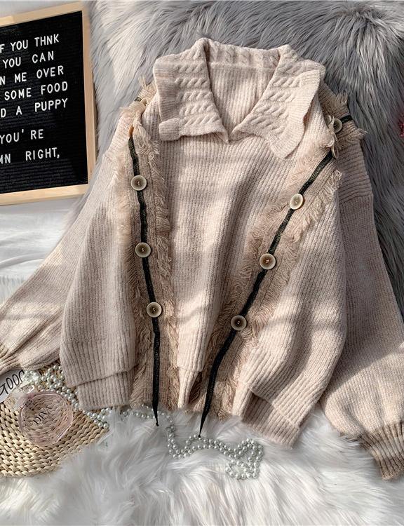 Pullover beige crane tops lapel asymmetric plus size knitted blouse - SooLinen