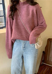 Pullover pink knitted pullover high neck plus size knitwear - SooLinen