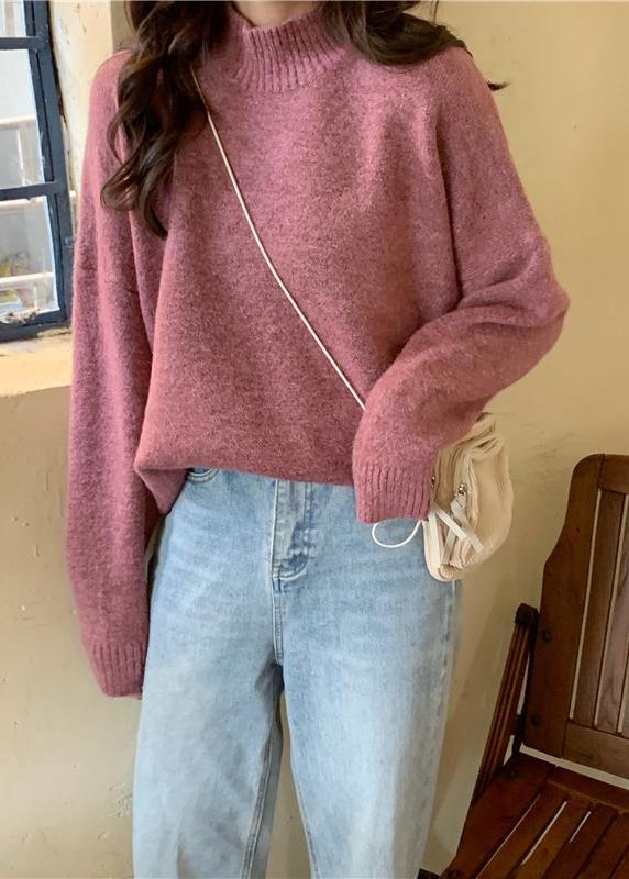 Pullover pink knitted pullover high neck plus size knitwear - SooLinen