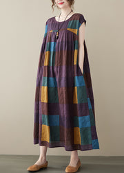 Purple Plaid Patchwork Linen Ankle Dress wrinkled Short Sleeve