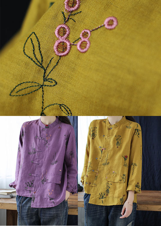 Yellow Pockets Linen Shirt Top Asymmetrical Long Sleeve