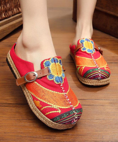 Red Cotton Linen Embroideried Fabric Vintage Buckle Strap Thong Sandals - SooLinen