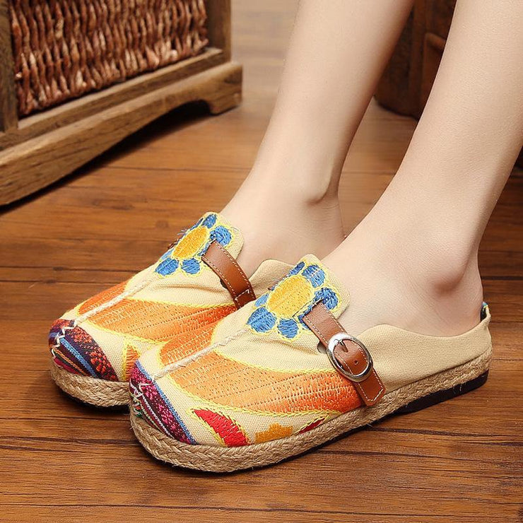 Red Cotton Linen Embroideried Fabric Vintage Buckle Strap Thong Sandals - SooLinen