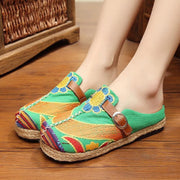 Red Cotton Linen Embroideried Fabric Vintage Buckle Strap Thong Sandals - SooLinen