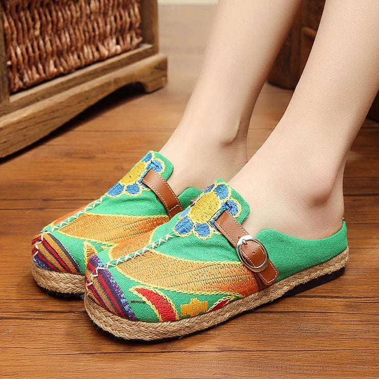 Red Cotton Linen Embroideried Fabric Vintage Buckle Strap Thong Sandals - SooLinen