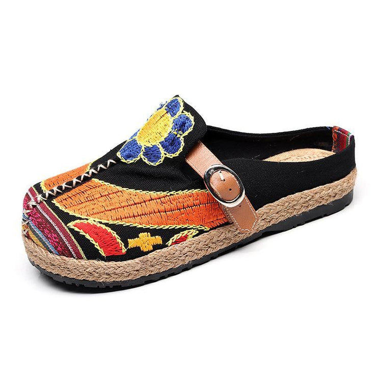 Red Cotton Linen Embroideried Fabric Vintage Buckle Strap Thong Sandals - SooLinen