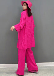 Red Jacquard Silk Two Pieces Set Mandarin Collar Oriental Button Long Sleeve