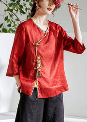 Red Oriental O-Neck Summer Ramie Shirts - SooLinen