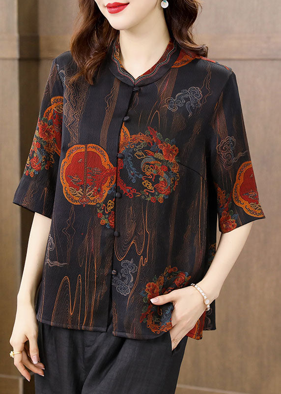 Retro Black Print Stand Collar Button 2025 Silk Blouse Top Half Sleeve