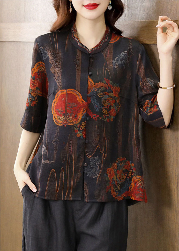 Retro Black Print Stand Collar Button 2025 Silk Blouse Top Half Sleeve