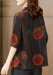 Retro Black Print Stand Collar Button 2025 Silk Blouse Top Half Sleeve