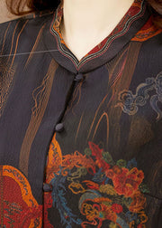 Retro Black Print Stand Collar Button 2025 Silk Blouse Top Half Sleeve