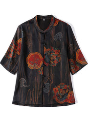 Retro Black Print Stand Collar Button 2025 Silk Blouse Top Half Sleeve