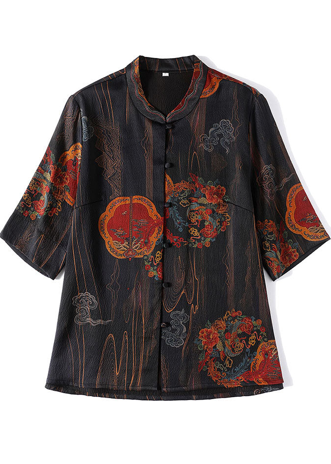 Retro Black Print Stand Collar Button 2025 Silk Blouse Top Half Sleeve