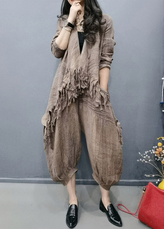 Retro Chocolate V Neck Tasseled Wrinkled Linen Coats And Lantern Pants Two Pieces Set Spring