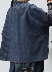 Retro Colorblock V Neck Button Pockets Patchwork Cotton Coat Long Sleeve