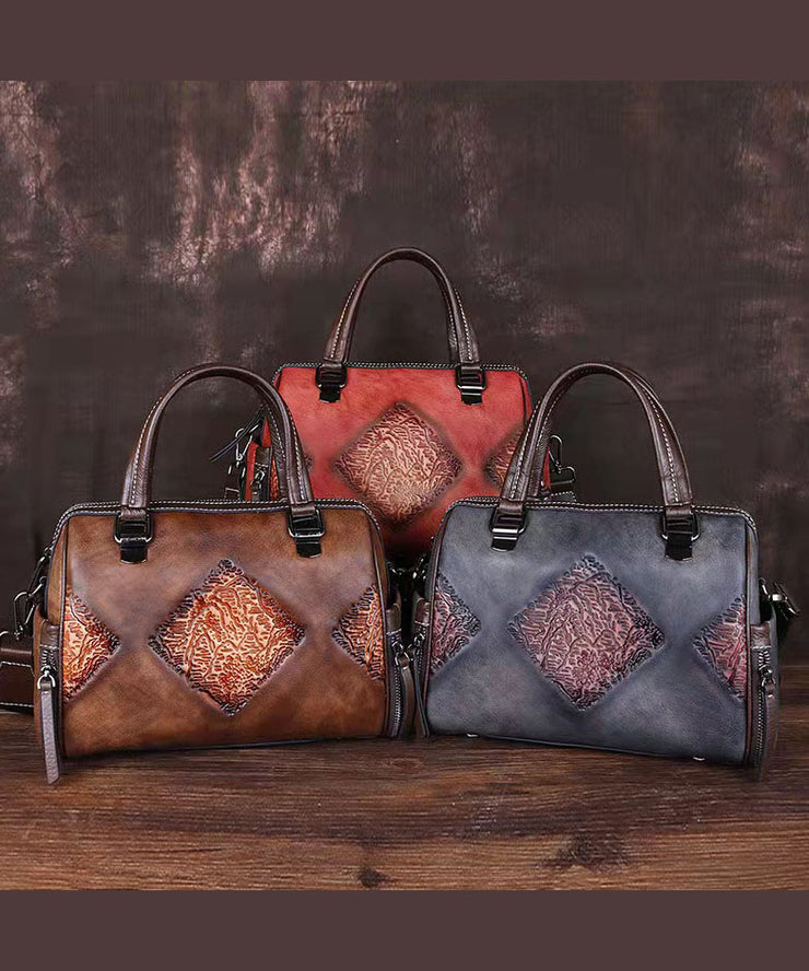 Tote Handtasche aus Kalbsleder mit Retro-Prägung in Rot