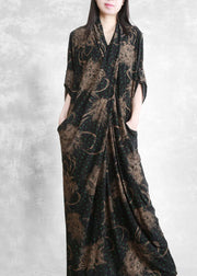 Retro V Neck Asymmetrical Print Pockets draping Silk Dress Half Sleeve